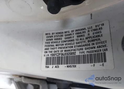 2018 Honda Civic Lx from USA, damaged, VIN 19XFC2F56JE020892
